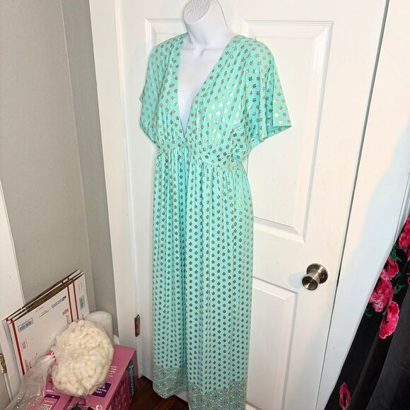 Cabana Life Deep V Flutter Sleeve Maxi Dress Metallic Floral Sea Foam M NWT - Picture 5 of 11